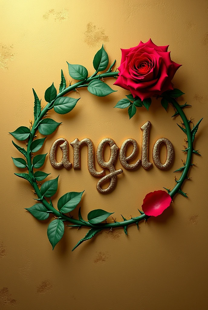 Creates an image that shows the name "Angelo" written in an elegant gold font with a green outline. The name has to be on a textured gold background. A green branch with thorns extends from the bottom of the "Â" in the name and curves above it, with a red rose in bloom at the tip. A red petal separate from the rose is also in the lower right corner of the name.
