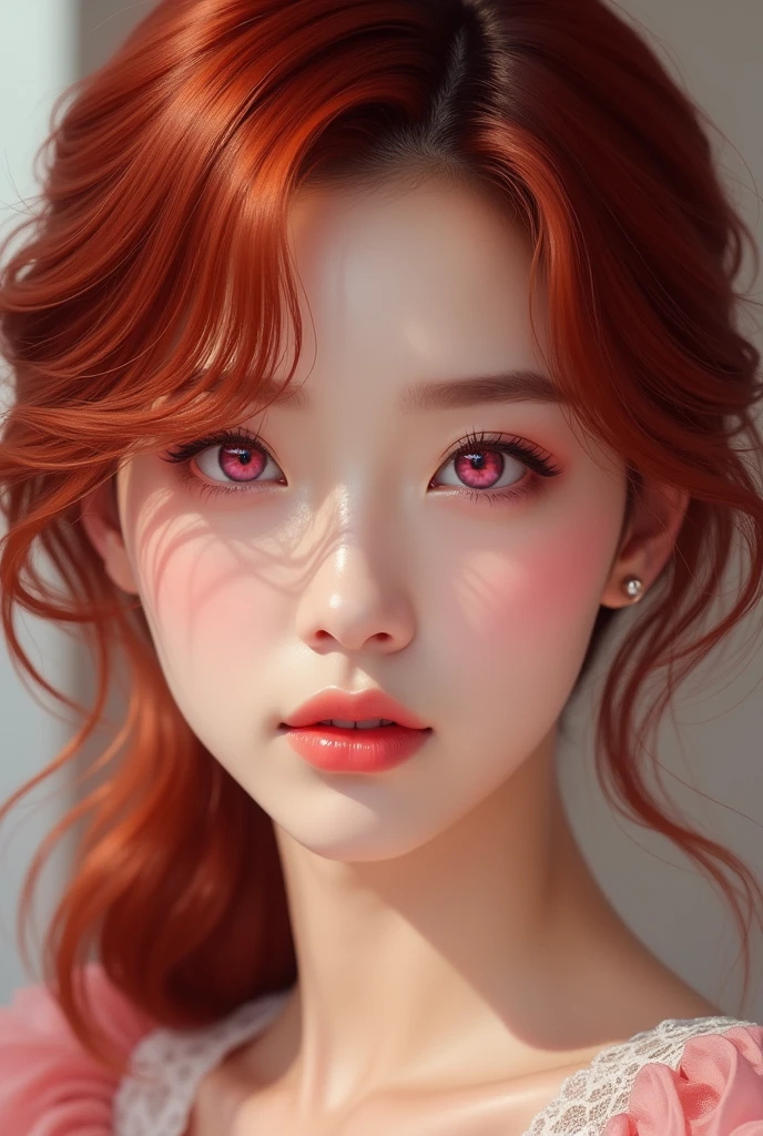 Kim ji WON with red hair and pink eyes