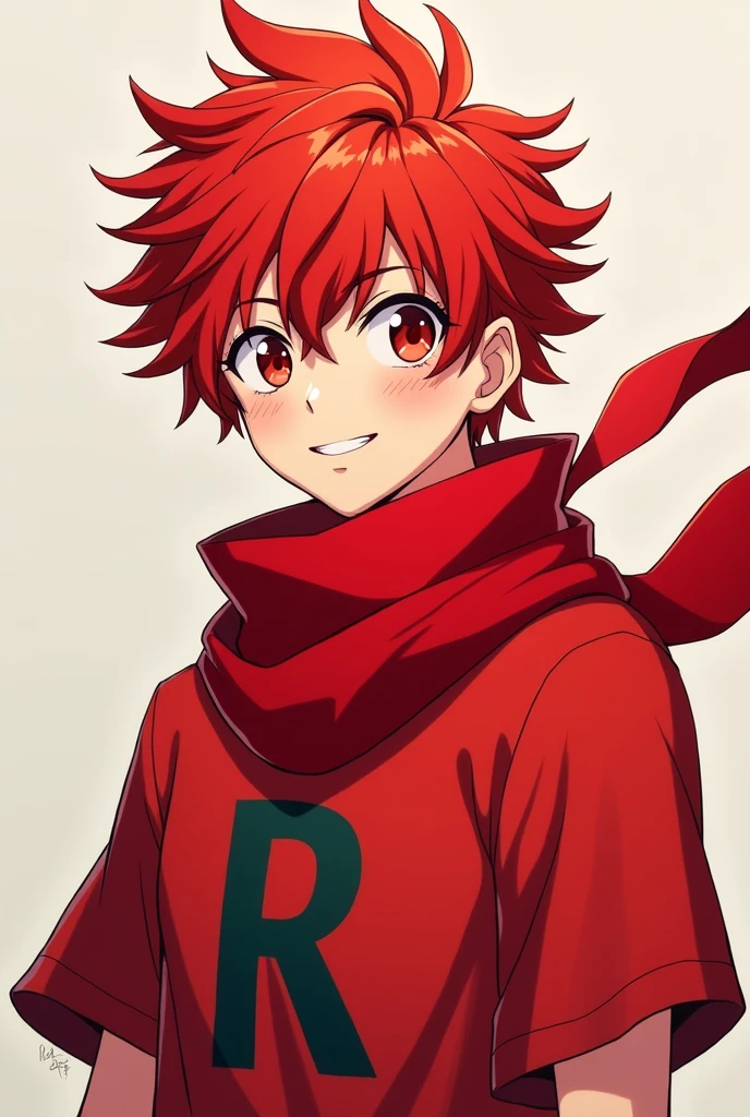 Make a male anime character with red hair red eyes red scarf an r printed on the shirt with the red shirt smiling