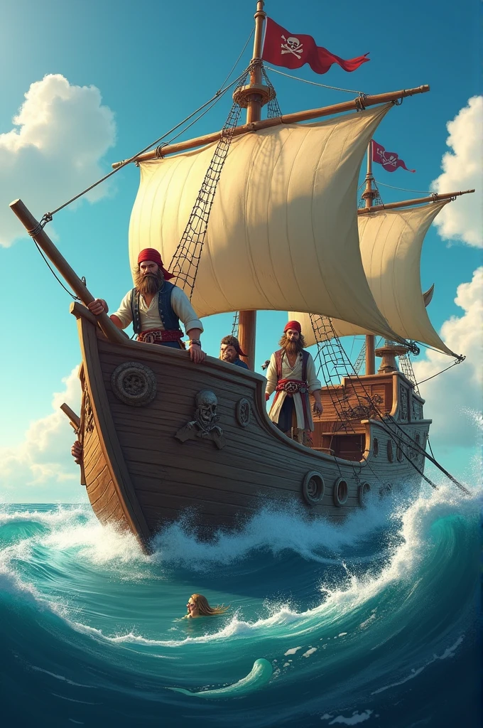 Ship with three pirates and a mermaid 