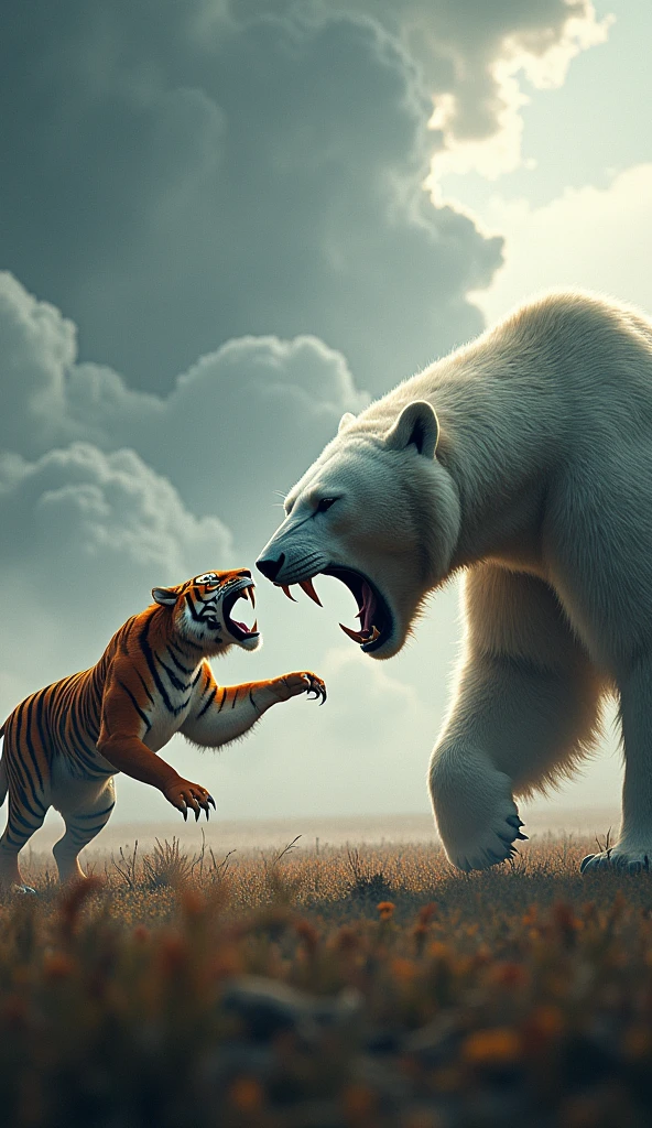 A shocking scene shows a scorpion and a polar bear facing each other fiercely. Both animals are shown with open mouths showing their teeth. The red-haired tiger stood in a powerful posture, while the polar bear spotted the aggression. The background shows a field of clouds with heavy clouds and bold graphics versus highlighted graphics.