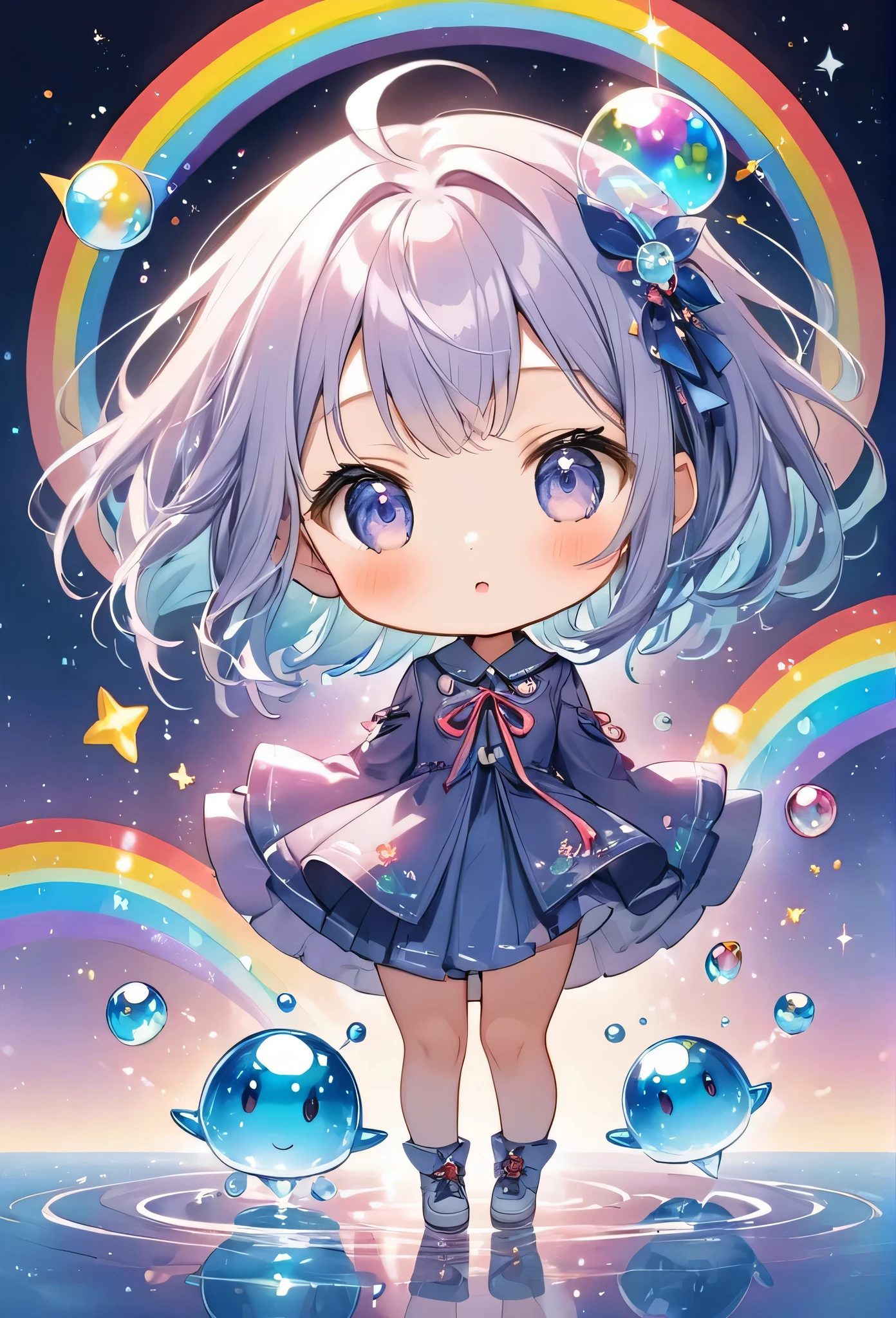 Hayao Miyazaki style, The most beautiful girl of all time, (((chibi))), (((Spaceship))), Cute Aliens, All in one, Tiny nuclei that shine in fantastical rainbow colors,and a completely melted jelly fusion, Very transparent material, High viscosity, Elasticity due to surface tension, Holographic sparkling reflections, Create an engaging impression on your audience