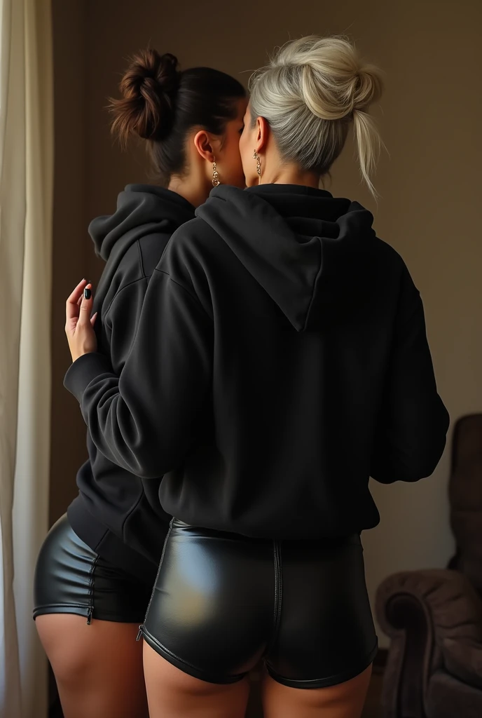 black woman hair in a bun black hoodie black leather short shorts being fucked in the ass by a old grandma in a dress