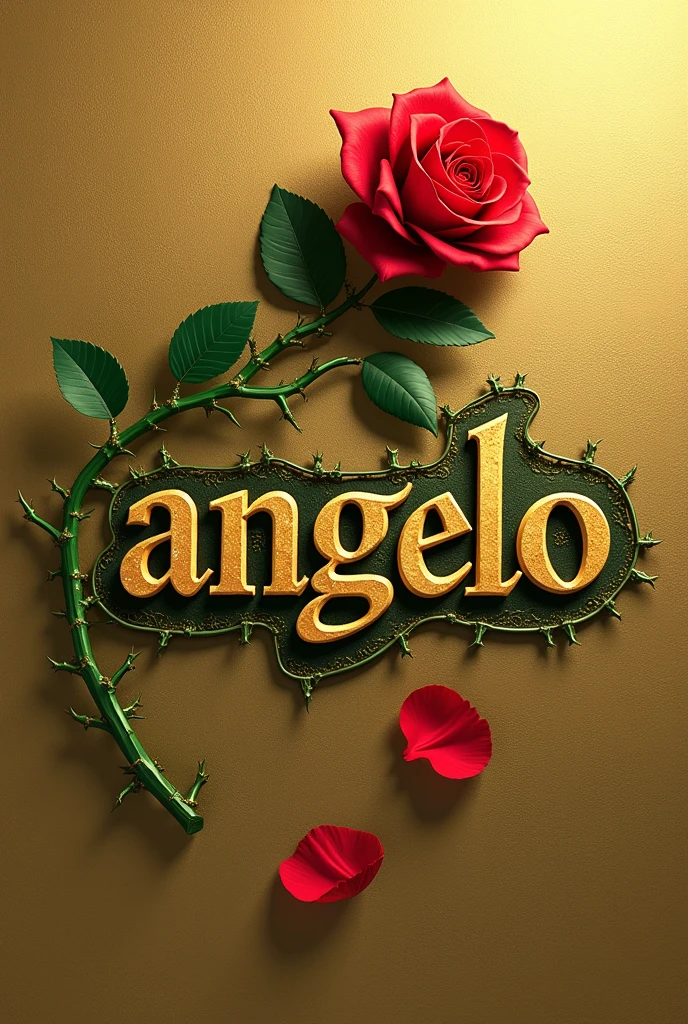 Creates an image that shows the name "Angelo" written in an elegant gold font with a green outline. The name has to be on a textured gold background. A green branch with thorns extends from the bottom of the "Â" in the name and curves above it, with a red rose in bloom at the tip. A red petal separate from the rose is also in the lower right corner of the name.