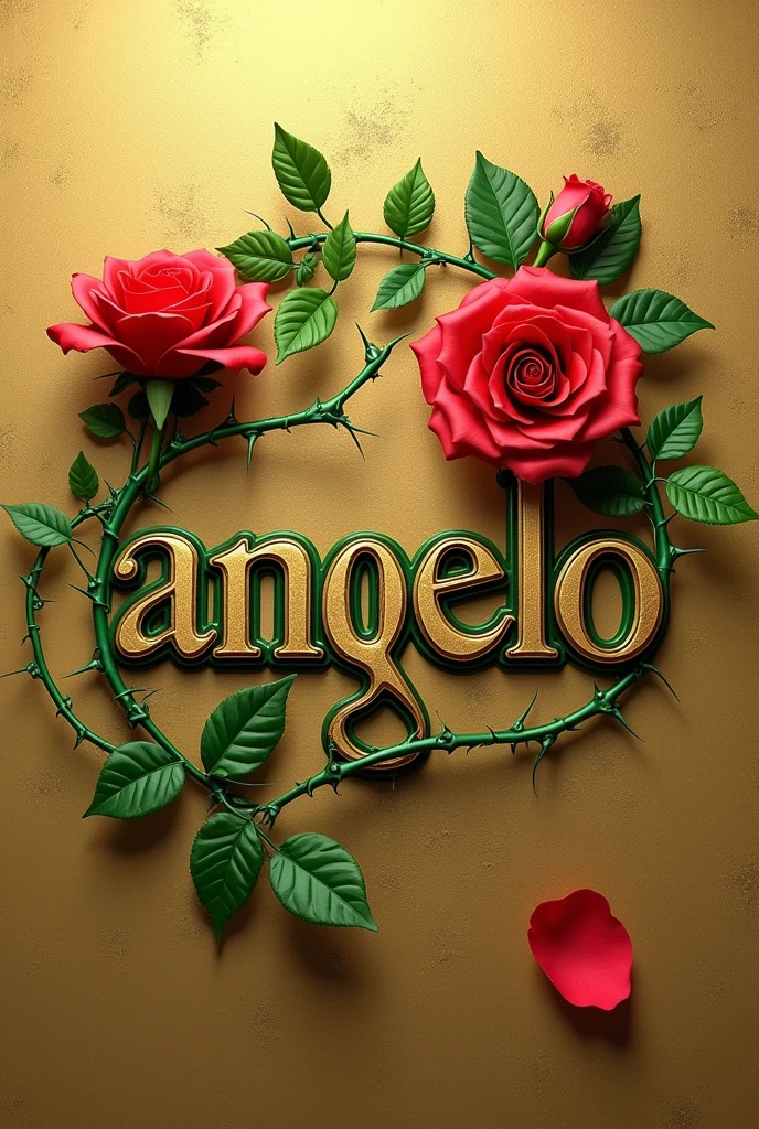 Creates an image that shows the name "Angelo" written in an elegant gold font with a green outline. The name has to be on a textured gold background. A green branch with thorns extends from the bottom of the "Â" in the name and curves above it, with a red rose in bloom at the tip. A red petal separate from the rose is also in the lower right corner of the name.