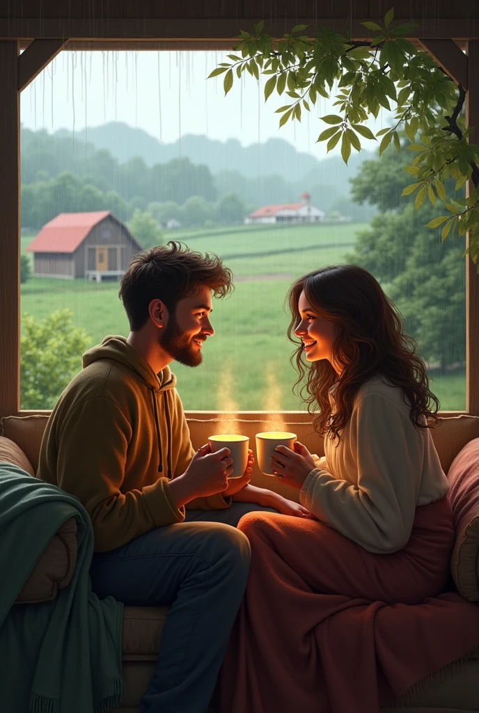 A happy couple, watching the rain in the rural landscape, sitting on a sofa on the porch of a house on the farm drinking coffee. Use a blanket.
