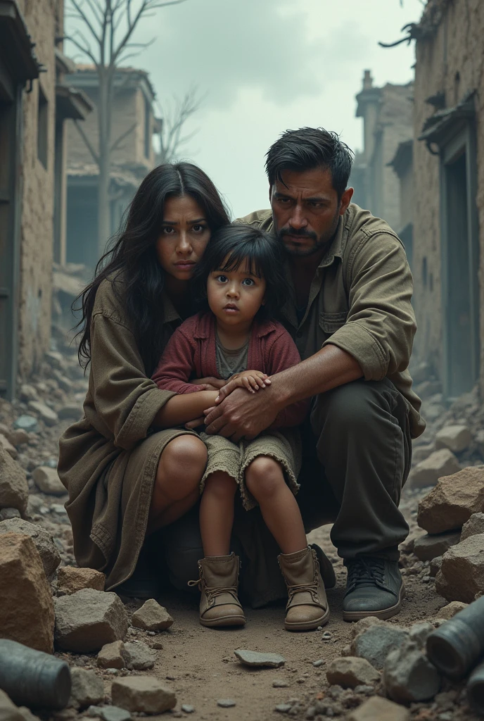 Family in a destroyed house 