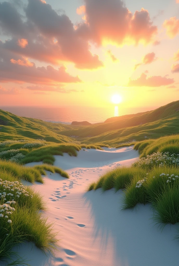 Create an image of white beaches and green fields on a beautiful sunrise.