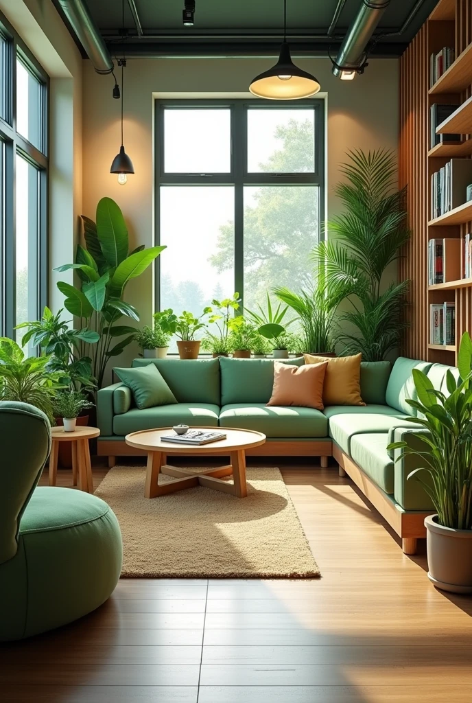 Break room for company, with green decoration, with games, puff, books and simple
