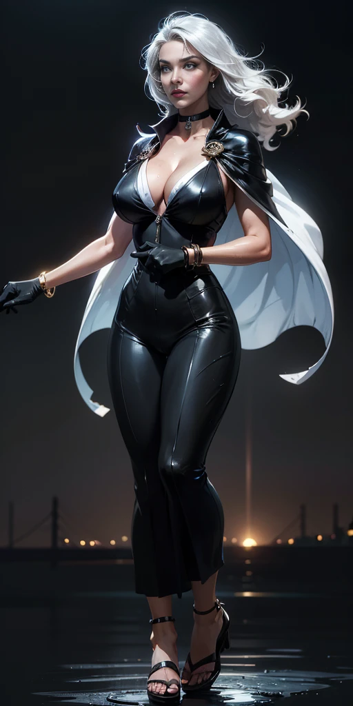 ((BLACK BACKGROUND,1:2, masterpiece)), full body MILF BIMBO standing with two long thighs and two metal sandals, red eyes, silver white hair, short bob style hair, big breasts, cleavage, snsfw, (masterpiece: 1.3), best quality: 1.4, 8k detailed unity wallpaper, high resolution, absurdities: 1.2, depth of field: 1.3, perfect lighting, cinematic shadows, highly detailed background, (super perfect head anatomy face fingers limbs arms hands legs), (super beautiful and detailed body of a wet woman, gigantic, long and sagging breasts, shiny hair, face, nose, shiny fingers, elongated eyes, skin proportion), slender: 1.5, narrow waist: 1.3, ownwaifu, long hair, white hair, big hair, curly hair, dark skin, dark skin woman, red lips, white eyes, very dark skin, lipstick, floating hair, very long hair, makeup, eyelashes, toned, jewelry, earrings, cape, bracelet, jumpsuit, gloves, superhero, choker, cool look, flying in the sky, high-tech city background, call a storm, tornado, thunder, raining, cinematic, beautiful figure, cowboy shot