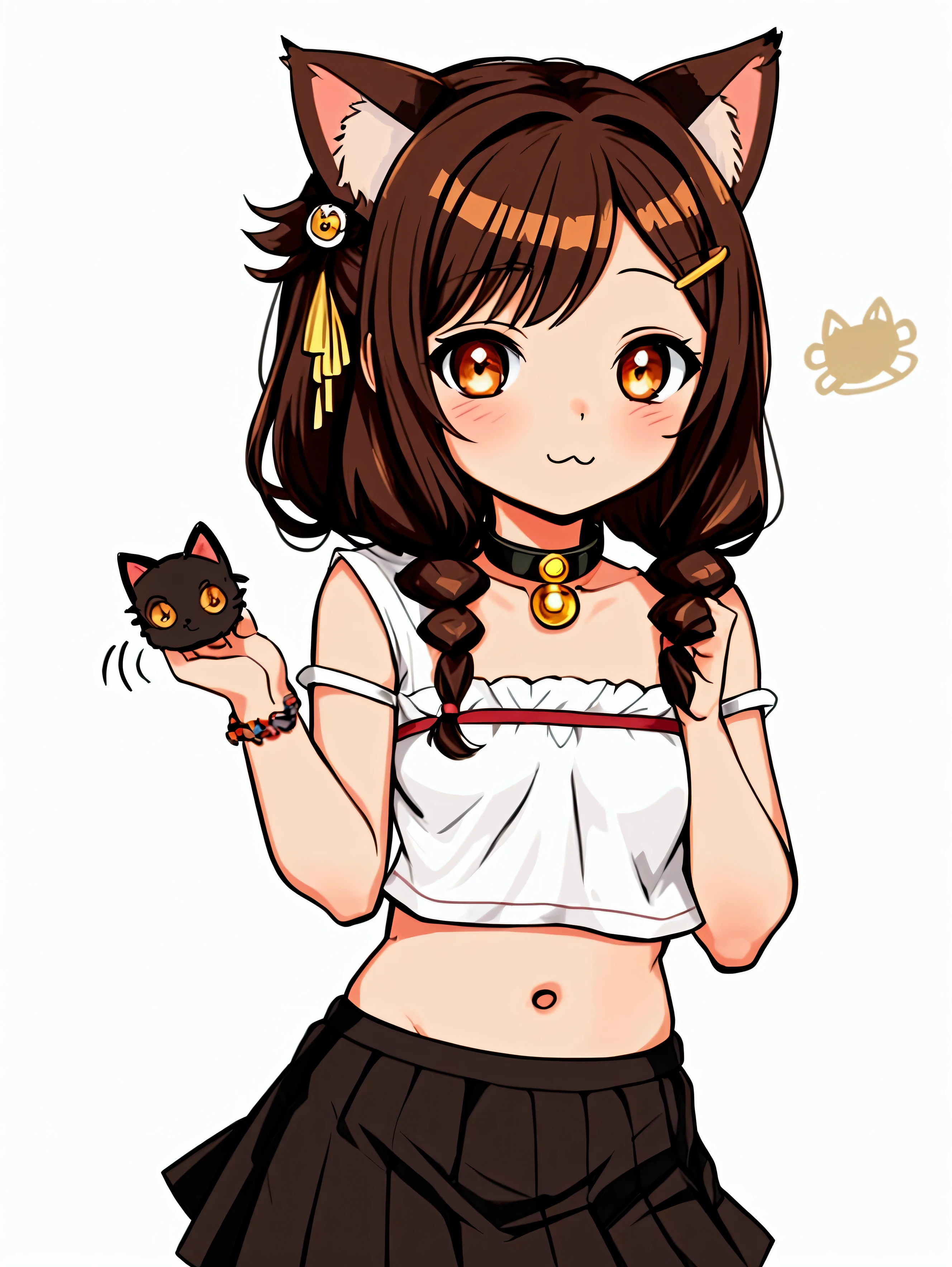 All intricate details, anatomia perfecta, cartoon style girl, 1 girl view, pretty, alone, hapy pose, skirt, brown hair, uwu, Hair ornament: ((cute chibi yarn cat))), chibi, virtual vtuber, brown hair, hair orn, cat smile, :3ament,HayaseNagatoro,nagatoro hayase, hair ornament, brown eyes, hairclip, tanned skin, black hair, random angle
