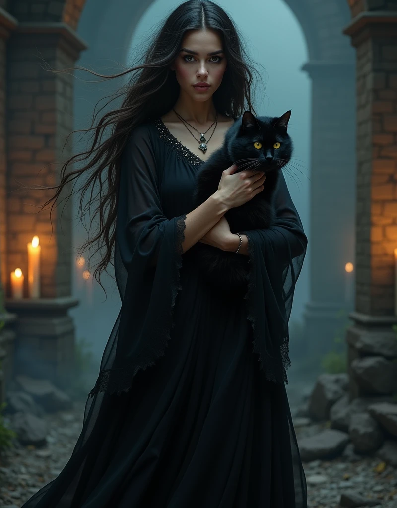 Uma mulher bonita witch, wearing a long black outfit, holding a black cat, witch, witchcraft, 