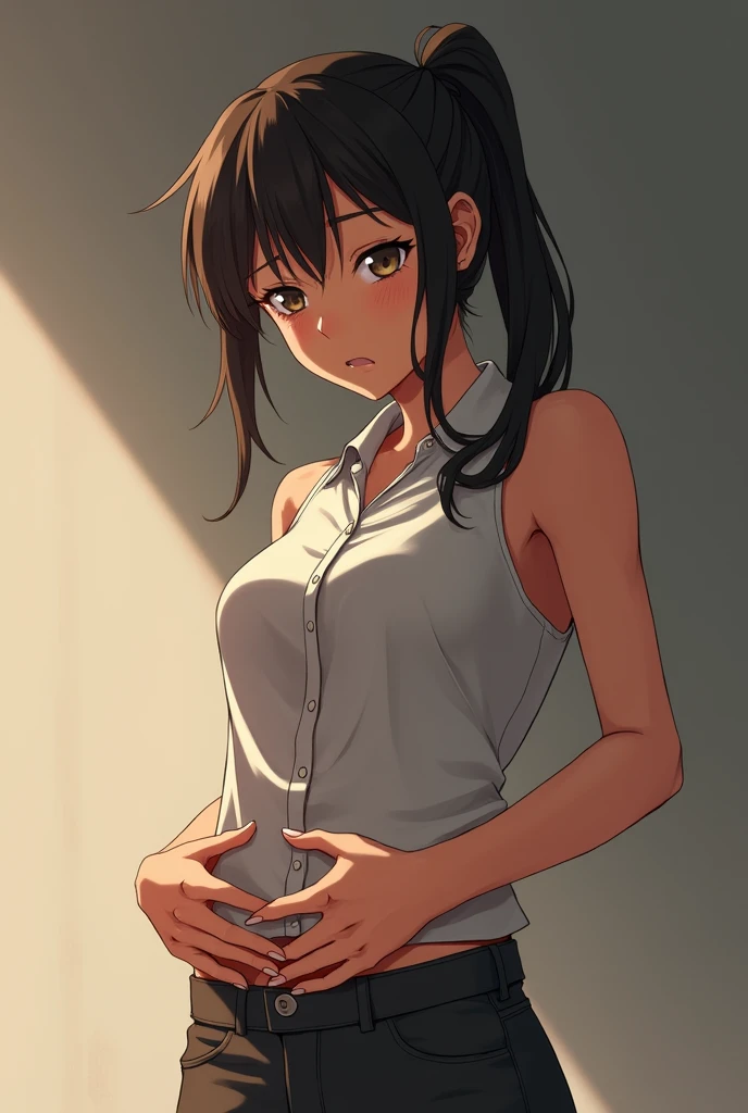 (masterpiece, top quality, best quality), brown skin anime girl with sleeveless buttoned shirt and trousers, famished in hunger, (gently resting hands on stomach), (sweating), (long hair), (hands on her stomach)Muscular、Abdominal muscles、ponytail