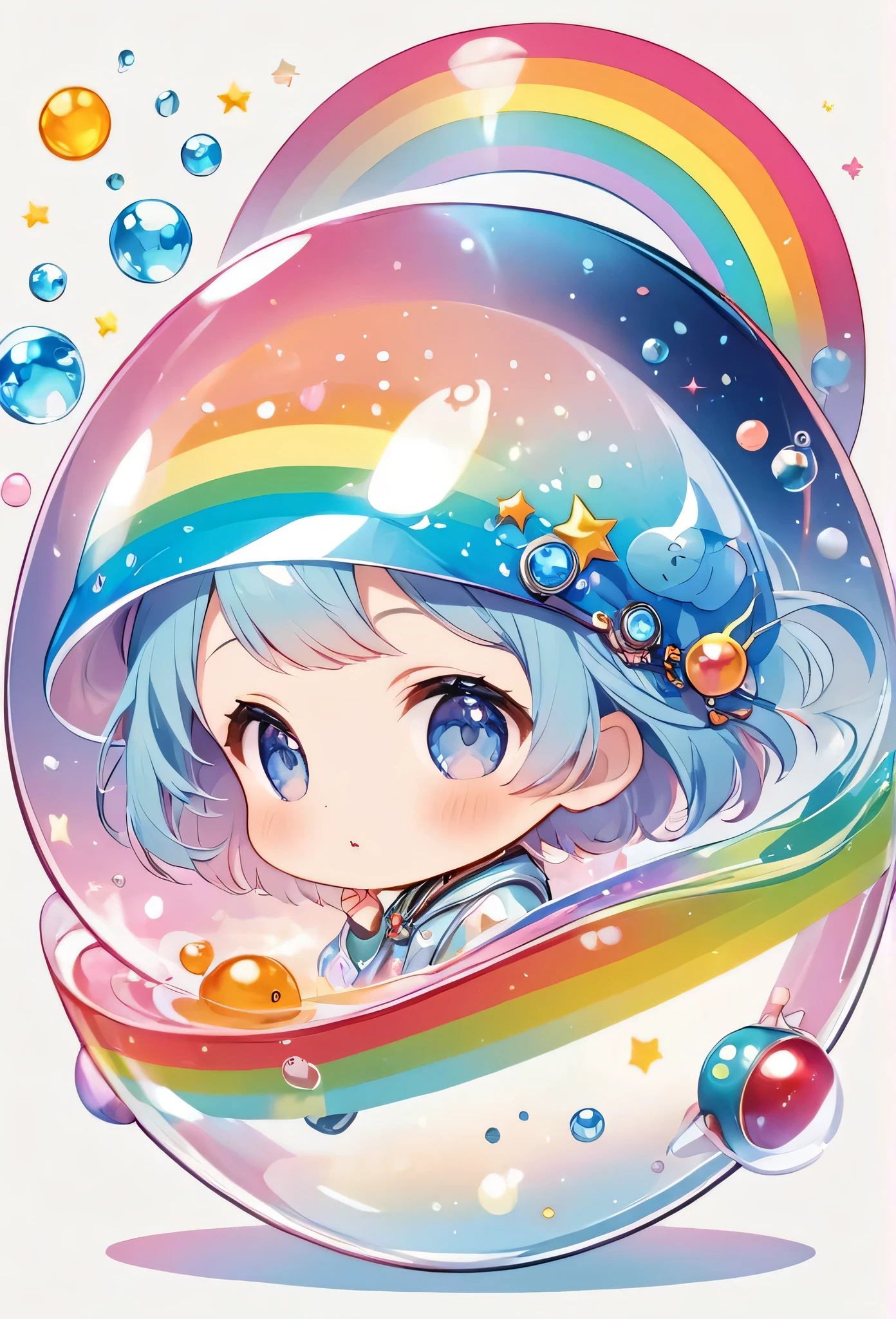 Hayao Miyazaki style, The most beautiful girl of all time, (((chibi))), (((Spaceship))), Cute Aliens, All in one, Tiny nuclei that shine in fantastical rainbow colors,and a completely melted jelly fusion, Very transparent material, High viscosity, Elasticity due to surface tension, Holographic sparkling reflections, Create an engaging impression on your audience