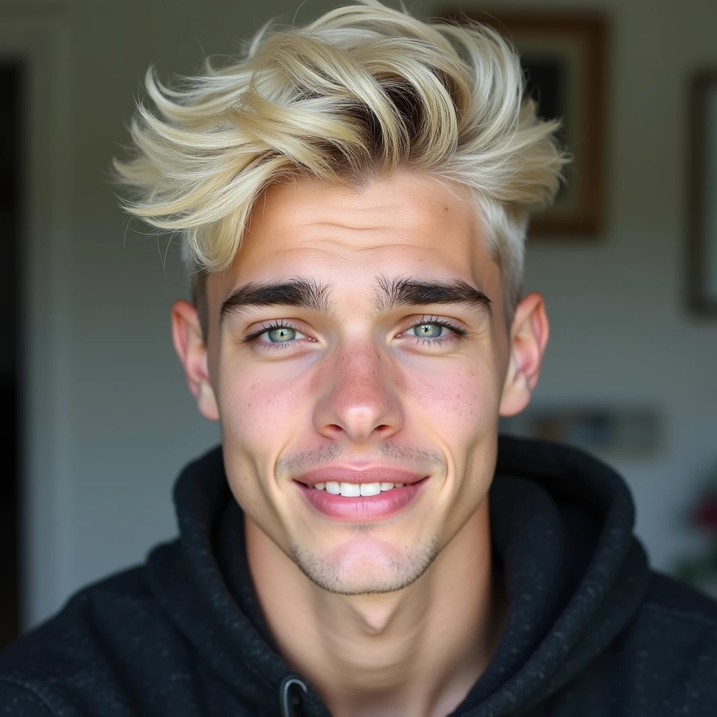 photograph head shot of an attractive 22 year-old male, Germanic-Icelandic features, short textured wavy platinum blond hair, side swept bangs, pale skin tone, raised eyebrow amused expression, 16k, extremely detailed skin