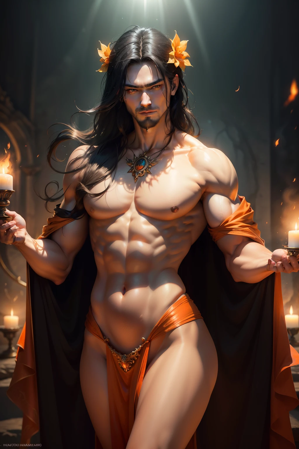 (8k,photorrealistic　RAW photograph　Maximum quality;1.4) (1 Korean) Super handsome king of the underworld　(lifelike face) 　(beautiful and stylish hair,  medium hair in the wind)　slenderbody　muscular and virile hairy male　big green eyes　fantasy orange flower element　orange blossom decoration　Fangs peeking out of the mouth　Pointed claws　a seductive gaze　Beautiful expression　A hyper-realistic　(King of the Underworld)　appealing　(orange blossom skin)　super high resolution　high detail with just towels 　Aura of white light emanating from the body　very sexy effect 