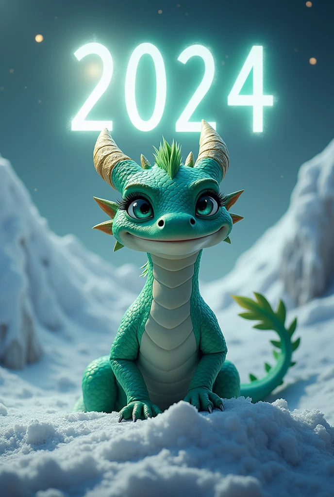 snow mountain, dragon,The numbers "2024" above the dragon, Like in a calendar, in large capital font. The numbers are shrouded in a cloud of smoke. higly detailed, smoothness, sharpness,in the style of Carn Griffiths and Vadim Kashin, ダークファンタジー, Highly realistic photo,super detaill, ,16k. The dragon has green ,mother-of-pearl color, The smile is friendly ,Explicit, ultra-blue eyes, Long eyelashes are clearly detailed, a lush mane, long hair on the mane, Developing, in the center, is looking at the camera, It's coming, dynamics, moon light , Rare stars flicker ,is beautiful.