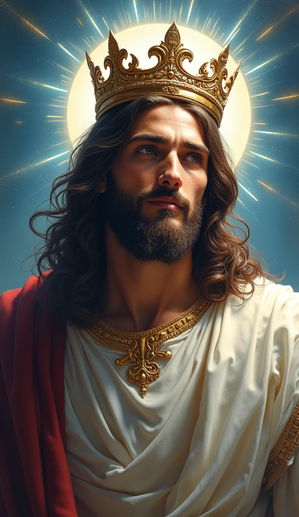 Jesus with a king&#39;s crown on his head, JesusChrist, the lord and savior, portrait of JesusChrist, Jesus of Nazareth, brilliant light masterpiece, jesus, greg olsen, king of kings, beautiful image already created, image background a kingdom of beautiful, blue and silver colors, sua mente contemplando a eternidade, glorious light,!! with a serene look and a slight smile!
