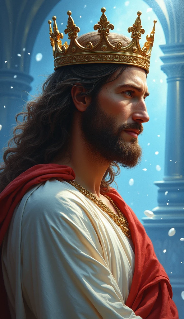 Jesus with a king's crown on his head, JesusChrist, the lord and savior, portrait of JesusChrist, Jesus of Nazareth, brilliant light masterpiece, jesus, greg olsen, king of kings, beautiful image already created, image background a kingdom of beautiful, blue and silver colors, sua mente contemplando a eternidade, glorious light,!! with a serene look and a slight smile!