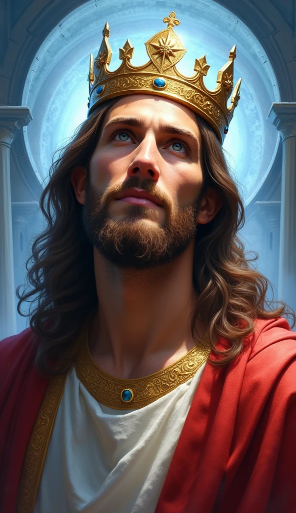 Jesus with a king's crown on his head, JesusChrist, the lord and savior, portrait of JesusChrist, Jesus of Nazareth, brilliant light masterpiece, jesus, greg olsen, king of kings, beautiful image already created, image background a kingdom of beautiful, blue and silver colors, sua mente contemplando a eternidade, glorious light,!! with a serene look and a slight smile!