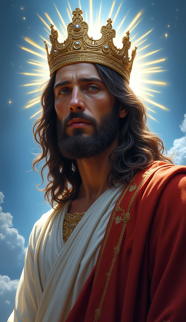 Jesus with a king's crown on his head, JesusChrist, the lord and savior, portrait of JesusChrist, Jesus of Nazareth, brilliant light masterpiece, jesus, greg olsen, king of kings, beautiful image already created, image background a kingdom of beautiful, blue and silver colors, sua mente contemplando a eternidade, glorious light,!! with a serene look and a slight smile!