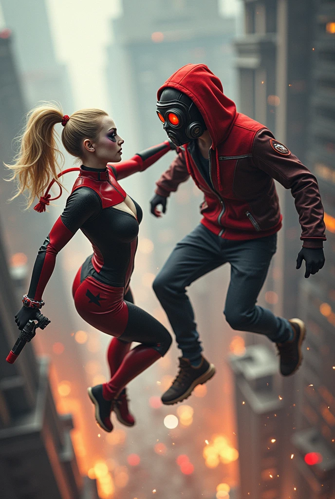Harley quinn, realistic, big breasts, full body vs. Youg boy with red hoodie, headphones, Star-lord helmet, rocket boots, gas helmet, covered mouth, round red, eyes, front cover, ??? Star-lord with red hoodie, star-lord helmet, gas helmet, covered mouth, round red eyes, Red eyes, magic rings in the hands and rocket boots, Fighting, power, fiction, 2 persons, magic lasso, hight, fall, DJ, view of the city fro. above, flying in the sky, capa roja, fire under shoes, Space, Smoke, gun in hands.