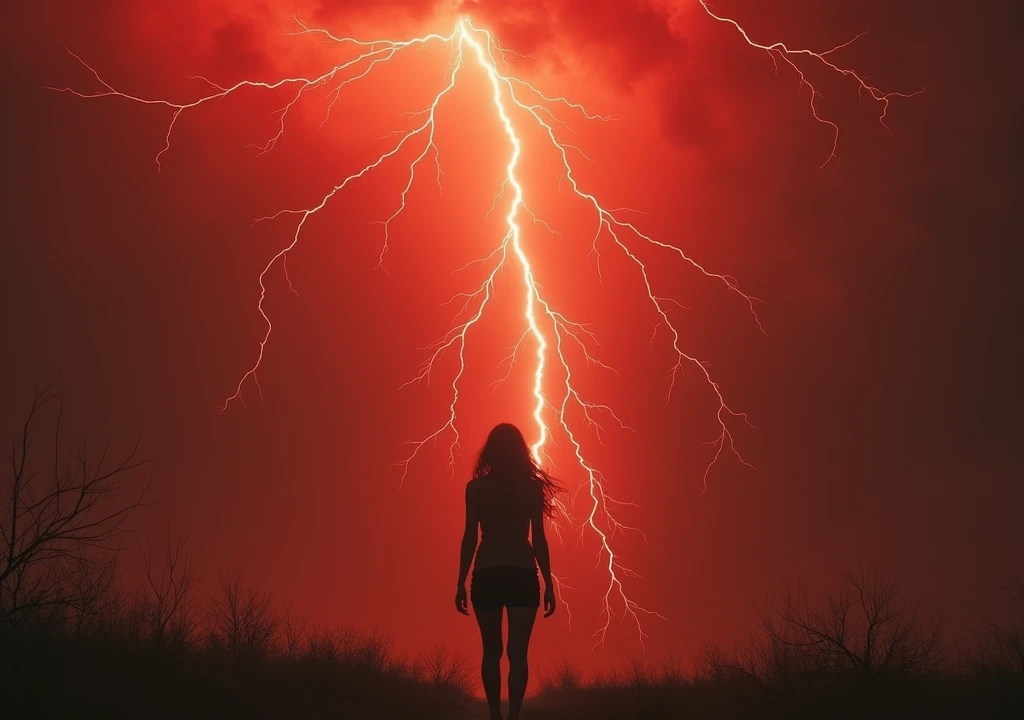 redheaded woman being abducted by a red sky in the middle of a storm and lightning in the sky