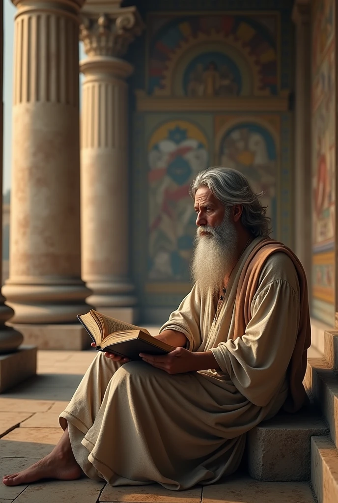 GREEK PHILOSOPHER, with a serene face, reading a book. Ao fundo, An ancient library, with traces of ancient Greek architecture. Long beard and long hair.