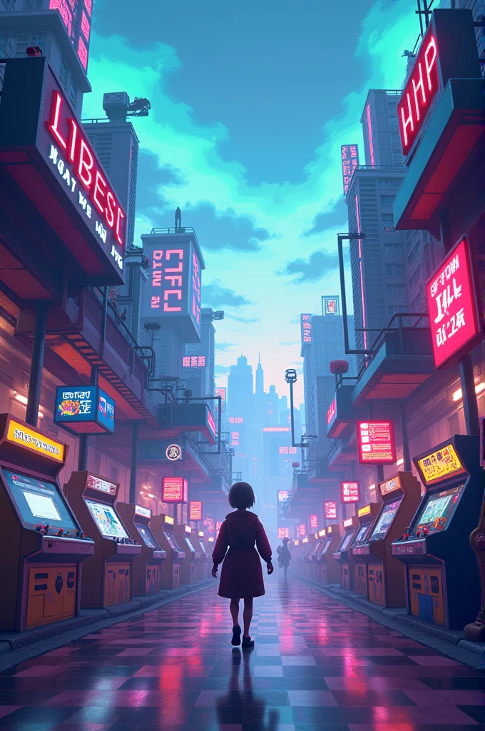 "A visual journey through a pixelated world inspired by the aesthetics of 8- and 16-bit video games. It begins with a sky full of pixelated colors that blend together like a digital aurora borealis.. As the video progresses, the scenario evolves, showing retro futuristic landscapes illuminated by neon lights. The characters, also pixelated, Explore a vibrant city filled with arcade machines and nostalgic memories that come to life around them. The video has a dreamlike and ethereal atmosphere, where characters navigate between digital memories and magical moments, culminating in a final scene that suggests a dilemma between staying in this pixelated dream world or waking up. Everything is enveloped in a soft light of vibrant colors, Capturing the essence of a nostalgic and melancholic dream."