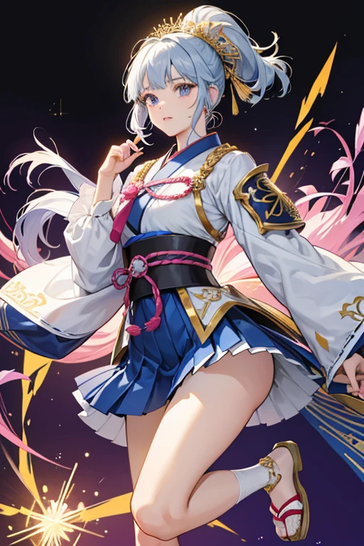 Ayaka is a young woman of slightly below average height. She keeps her long, pale white-blue hair tied in a high ponytail by a black armored headdress accented with gold. Her hair is styled in a hime cut, with evenly chopped locks framing her face tied off with white accessories bordered with gold, fastened with bright pink cords tied in cloverleaf knots. Her light blue-gray eyes are accompanied by thick lashes and a mole underneath her left eye.
Her outfit, Flawless Radiance, is described as a kimono that displays the nobility and resilience of the Shirasagi Himegimi. It consists of a royal blue pleated knee-length skirt embroidered with an assortment of patterns, bearing gold accents and small white flower print with a pair of white shorts with a lace trim at the base underneath, and black geta sandals with ankle-length white socks decorated by pink cloverleaf knots at the back. She has a black breastplate with a golden Kamisato Clan emblem in the center and matching armor platings on the sides of her skirt. Underneath her breastplate is a loose elbow-length shirt with gradients of blue to white. Her cuffs and collar on her top are navy with a variety of gold stripes. She wears black sleeves underneath the loose shirt, sling over her middle fingers, and covering both of her thumbs. On top of her black sleeves are white armored platings lined by gold metal, tied together by red knots. At the back of her outfit is a large royal blue bow, tied together by her Vision and another bright pink cloverleaf knot. The lower half of the ribbons darken in color with gold markings seemingly native to her homeland. As an accessory, she carries around a gold-navy fan that matches her skirt. SPARKLE; GLITTER