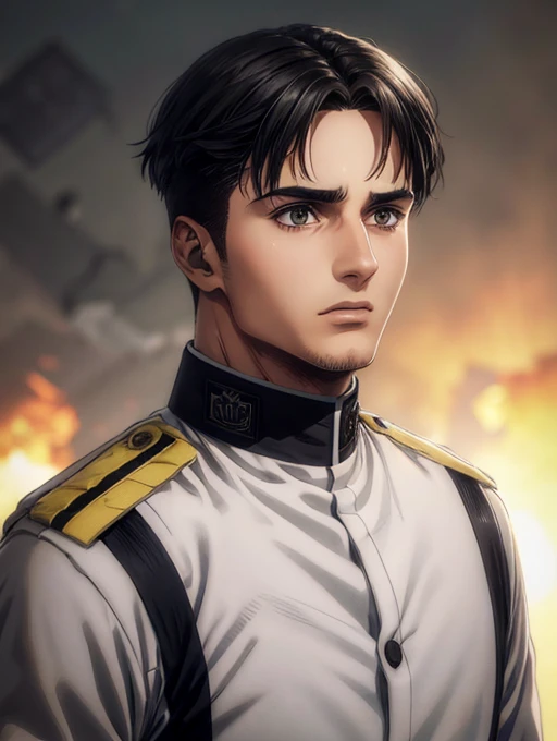 1 man, military hair black, gray eyes, White military uniform, quartel general, high resolution, Masterpiece artwork, super detaill,