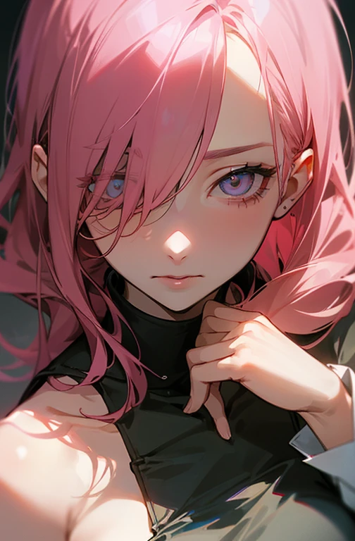 Cool women、sexy、Center of chest、Reze from Chainsaw Man、beauty、Yandere、、Face close-up、((Hair covering one eye)).Pink hair、(Medium breast)、