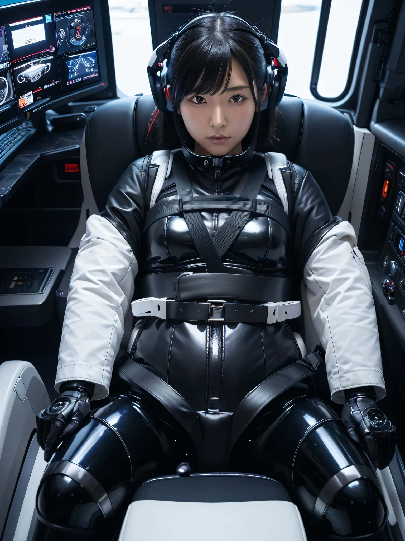 Japanese female android,Black Hair,The spaceship's cockpit,The person is completely secured in the seat with the backrest reclined by a thick harness belt.,Chubby,Spread your legs,Squat,Shiny white robot suit,Robotic arms and legs,Surrounded by switches and monitors,