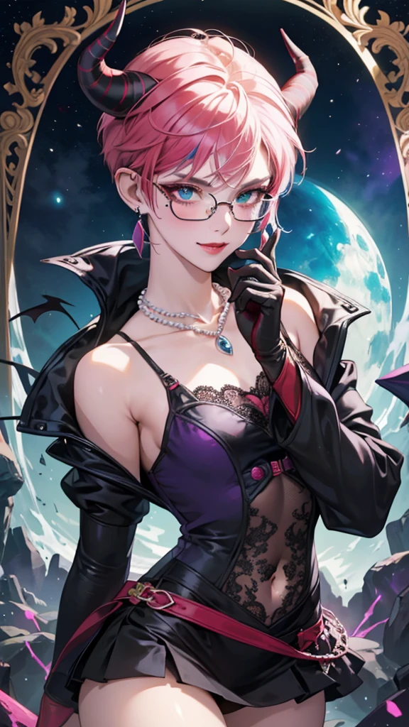 8k, masterpiece, best quality, highly detailed, 1 girl, tiefling, warlock, pixie cut, multicolored hair, very short straight hair red highlight hair on white hair, strippled hair, wearing glasses, round glasses, earrings, navel piercing, red eyeshadow, long eyelashes, blushed cheek, red lips, pearl necklace, rings, collarbone, mole on face, glamorous, teal and pink clothes, sleeveless, miniskirt, smirk, close up view, rings, looking at viewer, demon horns, solo, starry sky, pale blue moon, standing, demonic arms, chains on the background, black lace gloves, hand touching glasses.