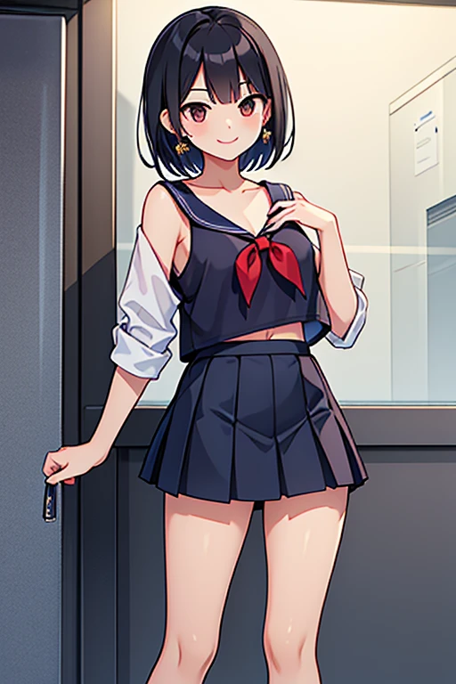 Navy blue string shorts,Black Hair, Sideburns,Hair cut at shoulder height, Straight Hair, chest, Crescent-shaped earrings, Brown eyes, One girl, smile, Thin legs,high school girl,Grab the skirt with your right hand and pull it up,