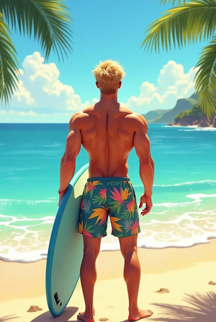 create a blond man with beach shorts, wearing no shirt, turned around on the beach, facing the sea with a surfboard in his hand and in the middle of the image put a title “Tropical Climate”