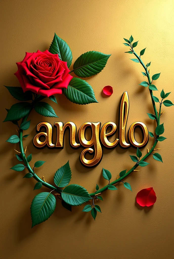 Creates an image that shows the name "Angelo" written in an elegant gold font with a green outline. The name has to be on a textured gold background. A green branch with thorns extends from the bottom of the "Â" in the name and curves above it, with a red rose in bloom at the tip. A red petal separate from the rose is also in the lower right corner of the name.