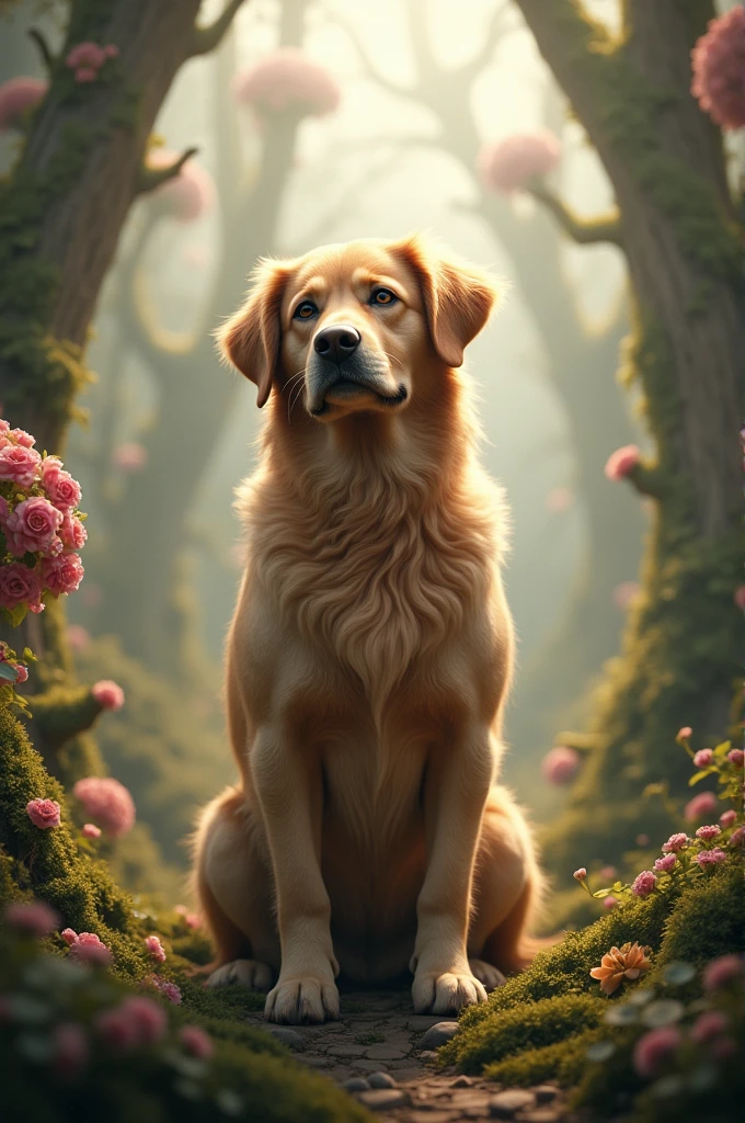 Image with fantasy background and a realistic dog in the foreground, with the phrase below "How did you know I like dogs? ?"