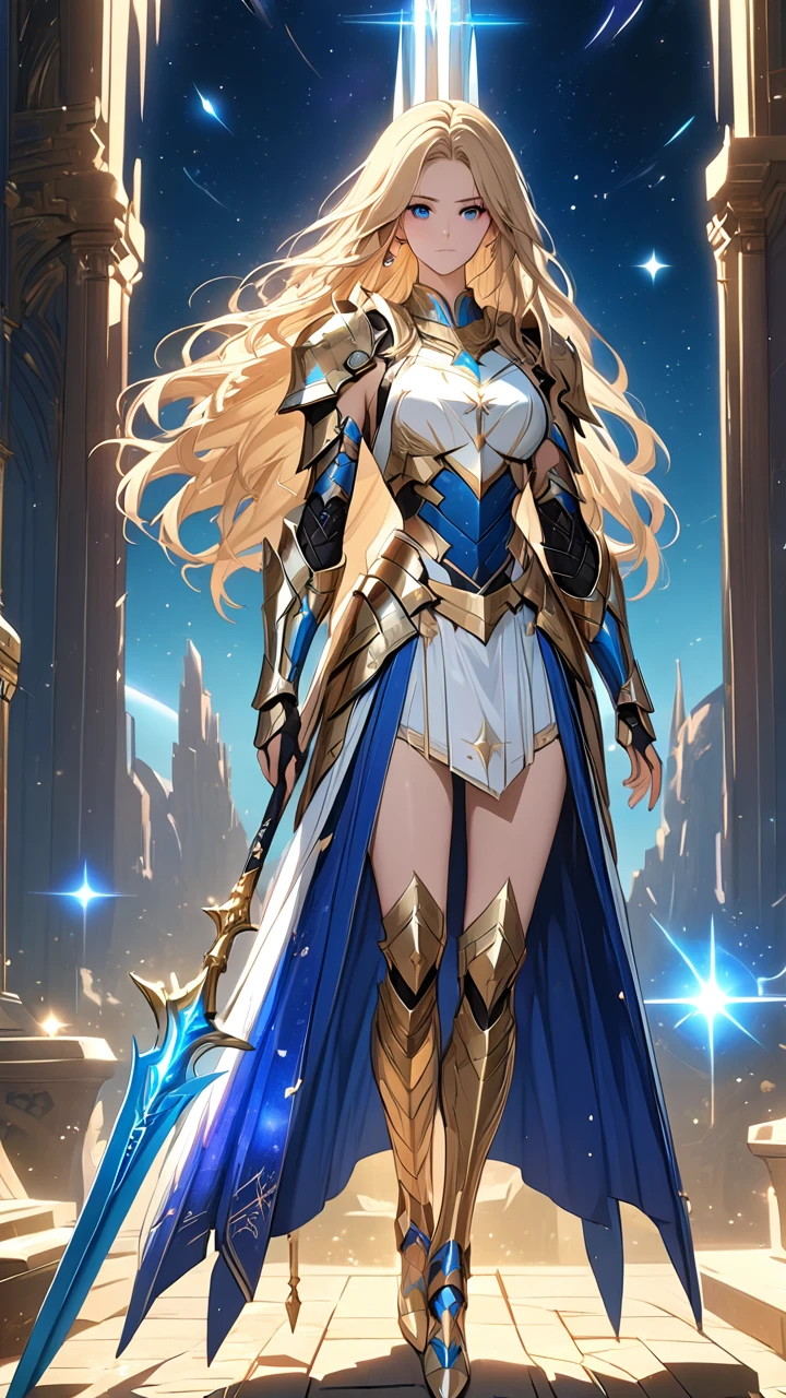 (((Masterpiece, best quality, 16k))) female character with long blonde hair and bright blue eyes. She wears a celestial armor in white, gold, and blue. wields a divine spear. The character has a determined expression, with a heavenly realm as the background. ((full body front view)). ((slender)), (extremely detailed:1.5), (long blonde hair:1.2), (bright blue eyes:1.2), (heavenly realm:1.1), (celestial armor:1.3), (divine spear:1.3).