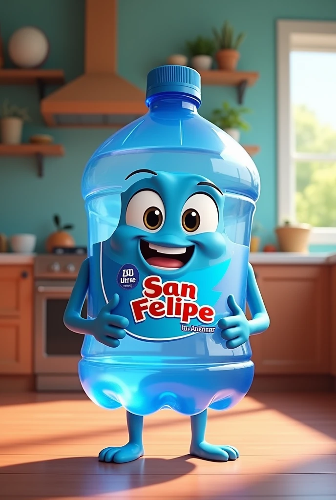 A 20-litre water container animated with the brand “San Felipe”
