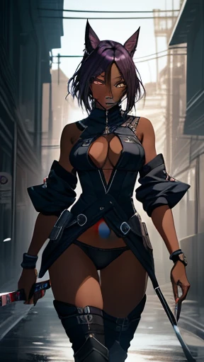 (work of art, best qualityer), details Intricate, 8k, art station, wall-paper, offcial art, splash art, sharp focus,
1 girl, standing alone, Shihouin Yoruichi, (darkskin, dark skinned female:1.2), hypdertailed,pussy cum,