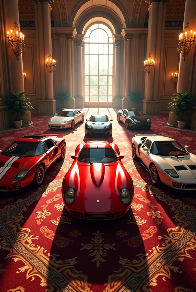 A collection of exotic cars in a mansion 