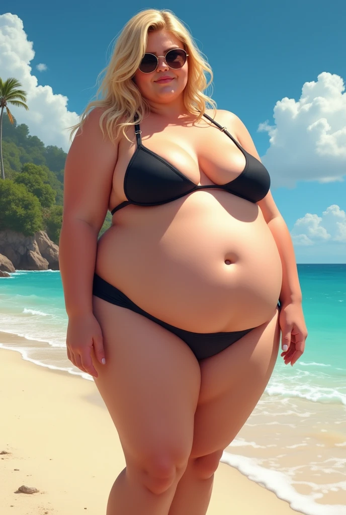 Extremely chubby blonde girl with massive fatty arms and legs a huge belly a really fat bum and huge boobs in a two piece on a beach