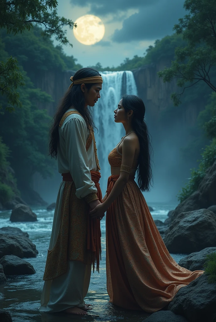 Against the background of the atmosphere between the forest banks and cascading waterfalls, a couple of lovers, handsome man with long shoulder length hair wearing a Javanese headband or blangkon, beautiful woman with loose hair, the faces of men and women are clearly visible, hand in hand, wearing clothes of the Majapahit era, clothing featuring intricate batik motifs, standing among the river rocks, behind the waterfall, dim night atmosphere with moonlight covered by dark clouds, realistic lighting, like the story of Jaka Tarub and Nawang Wulan.