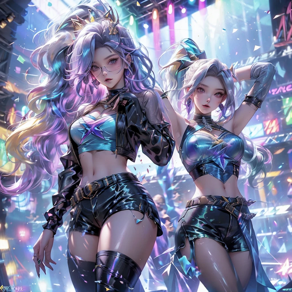 Masterpiece-level clarity and beautiful details "Near realistic, realistic, and hyper-realistic RPG game action MOBA 5v5 anime virtual scene. Featuring a viral realistic VRMMO game graphic with a full-frame fantasy splash screen, side perspective view of a 5v5 arena like in ROV. A young woman is performing an intense guitar solo on an epic stage. She has long, yellow hair tied into a lightning-shaped ponytail, wearing neon blue glasses, a black strapless top, and a fashionable, transparent cropped long-sleeve jacket with a rainbow crystal-like sheen. She is dressed in stylish denim shorts and idol singer boots. The left hand holds a guitar, and the right hand extends a beast-like weapon to the side. Lightning sparks and a lightning aura radiate from her as she leaps into the air above the concert stage. Below, a massive crowd of spectators watches in awe. The background is a grand and spectacular concert scene with full lighting effects. The fantasy details are exceptionally realistic."