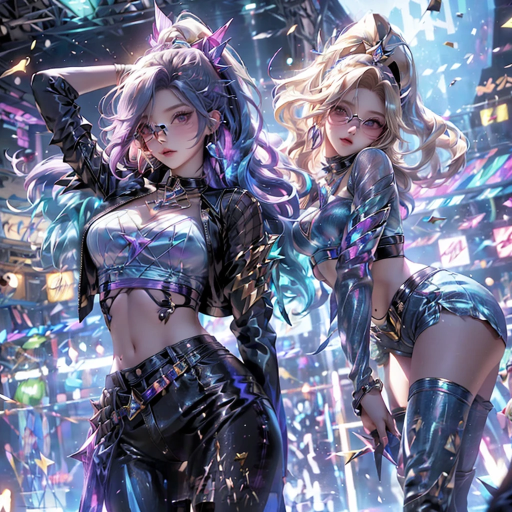 Masterpiece-level clarity and beautiful details "Near realistic, realistic, and hyper-realistic RPG game action MOBA 5v5 anime virtual scene. Featuring a viral realistic VRMMO game graphic with a full-frame fantasy splash screen, side perspective view of a 5v5 arena like in ROV. A young woman is performing an intense guitar solo on an epic stage. She has long, yellow hair tied into a lightning-shaped ponytail, wearing neon blue glasses, a black strapless top, and a fashionable, transparent cropped long-sleeve jacket with a rainbow crystal-like sheen. She is dressed in stylish denim shorts and idol singer boots. The left hand holds a guitar, and the right hand extends a beast-like weapon to the side. Lightning sparks and a lightning aura radiate from her as she leaps into the air above the concert stage. Below, a massive crowd of spectators watches in awe. The background is a grand and spectacular concert scene with full lighting effects. The fantasy details are exceptionally realistic."