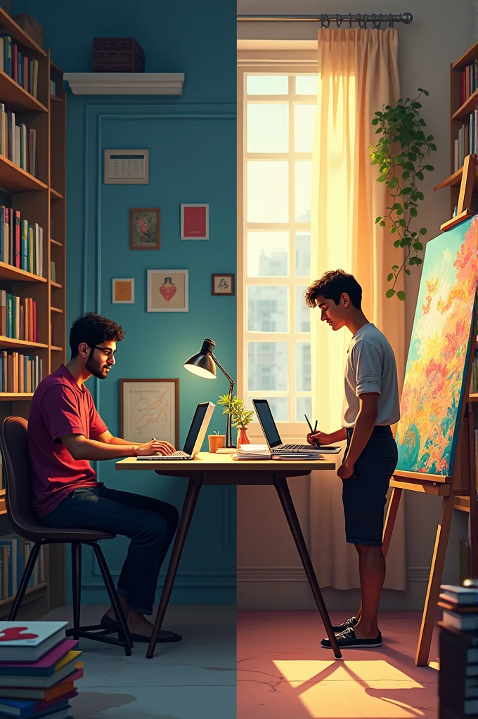 "A split scene showing two different paths: on one side, Rahul is studying in a city library surrounded by books and a laptop, while on the other side, Amit is painting in a bright, modern studio, with his artworks displayed around him."