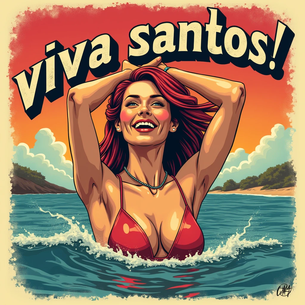 a cinematic, detailed, contrasted, distressed, vibrant, vintage t-shirt print design with a punk twist, featuring a bold, vintage-style title "VIVA SANTOS!" emblazoned in a curved line, in a faded font with rustic, worn edges, placed prominently in front of the closeup of the proud, 40-year-old redhead Russian female surfer on lineup, her neckline is a central focal point, swimming in front of Muine beach, looking at viewer, bikini, wide hips, smiling with bold, dynamic, and victorious vibe, her eyes opened, and her face contorted in a grateful, confident, and triumphant expression, set against a clean, gradient background that evoking the colors of the Vietnamese flag, all blending into the aged, aesthetically faded edges of the design.