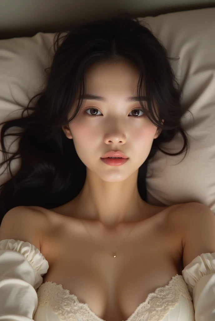 A young, fair-skinned Japanese woman lying on her back on a soft bed。Selfie style。The glimpse of her chest is sexy。