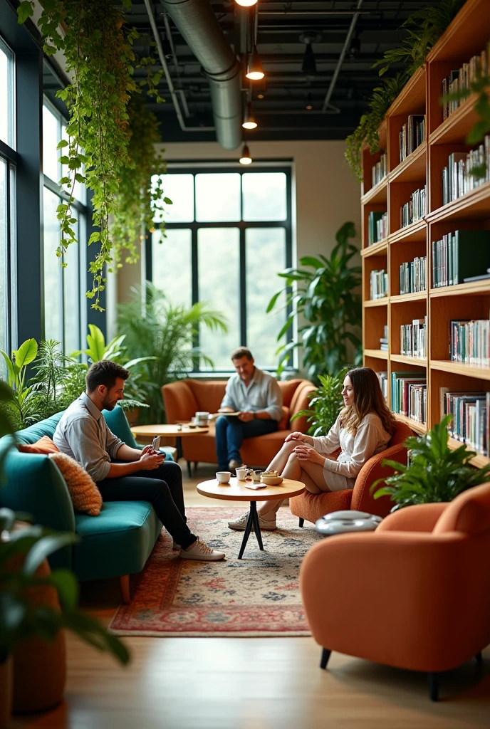 Simple break room for company, with green decoration, with games, puff, books with cheap investment